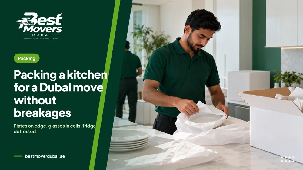 A mover wrapping plates in paper at a kitchen counter beside an open carton in a Dubai apartment