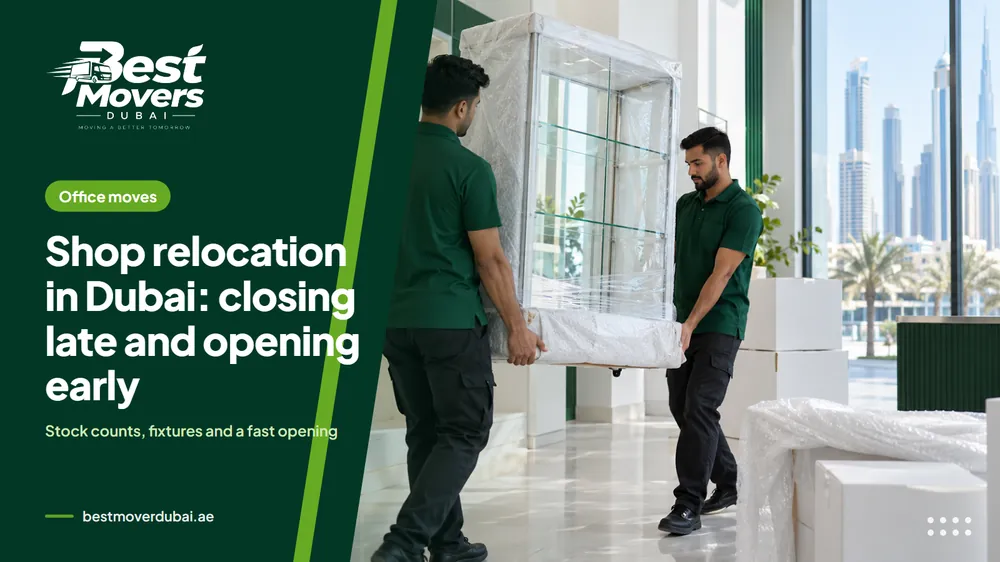 A mover wrapping a glass display cabinet in an empty showroom at night