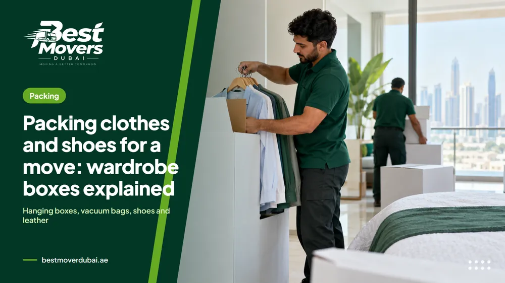A mover transferring shirts on hangers from a bedroom rail into a tall wardrobe box