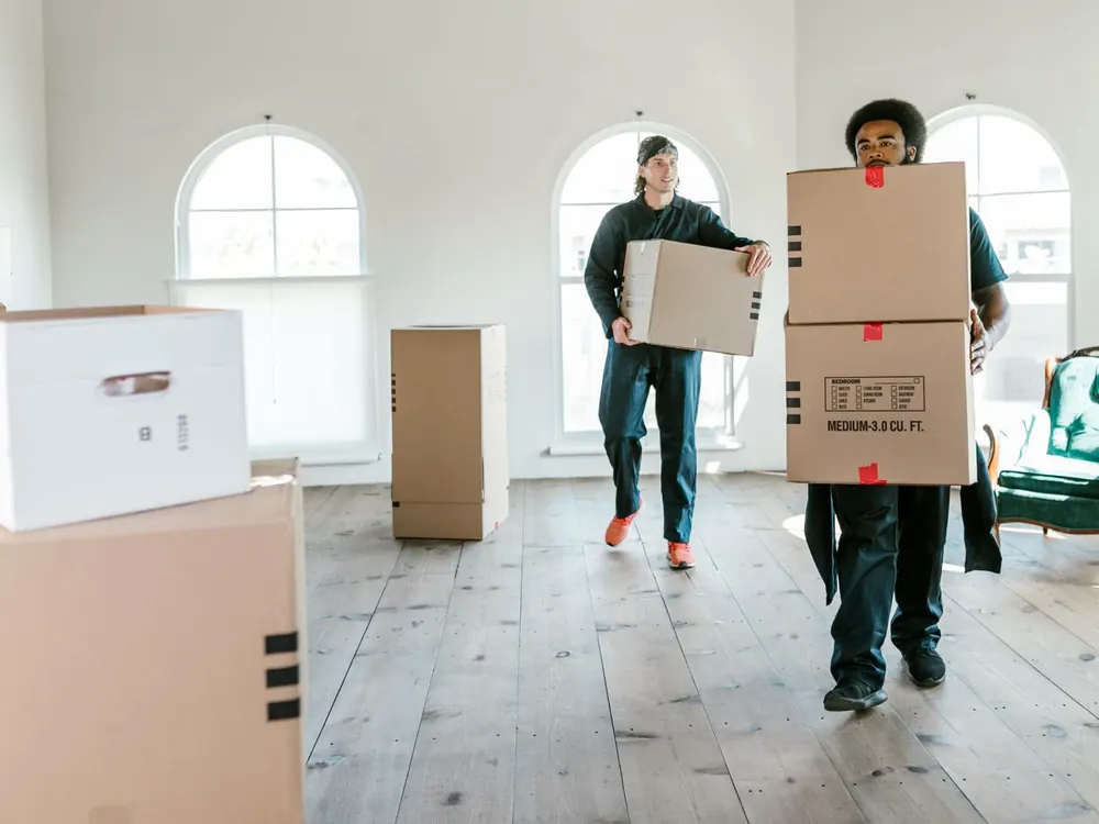 Two movers carrying cartons through a bright living room