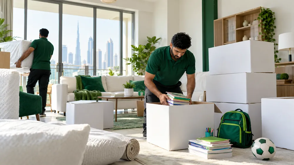 A mover packing school books in a family apartment