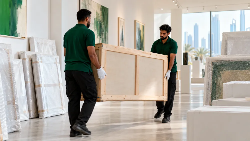 Two movers in gloves carrying an art crate through a gallery
