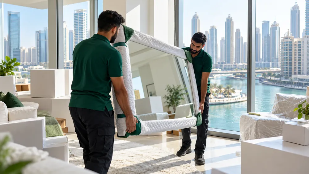 Two movers carrying a wrapped mirror in a canal view apartment