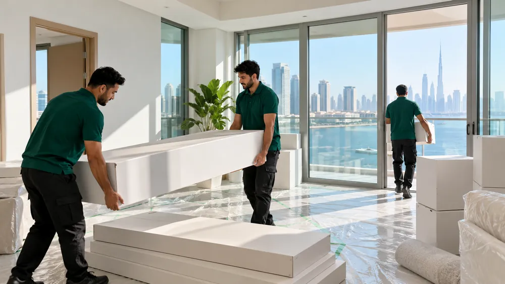 Movers bringing furniture boxes into a new apartment at handover