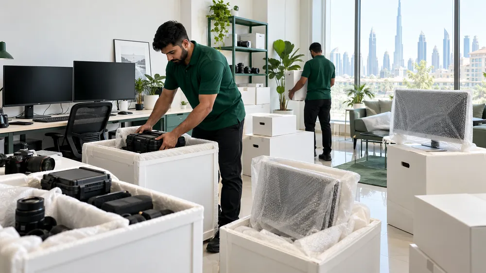 A mover packing camera cases and monitors in a small studio office