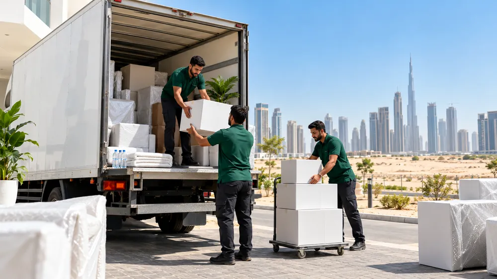 Movers loading a truck on a hot day with new buildings behind