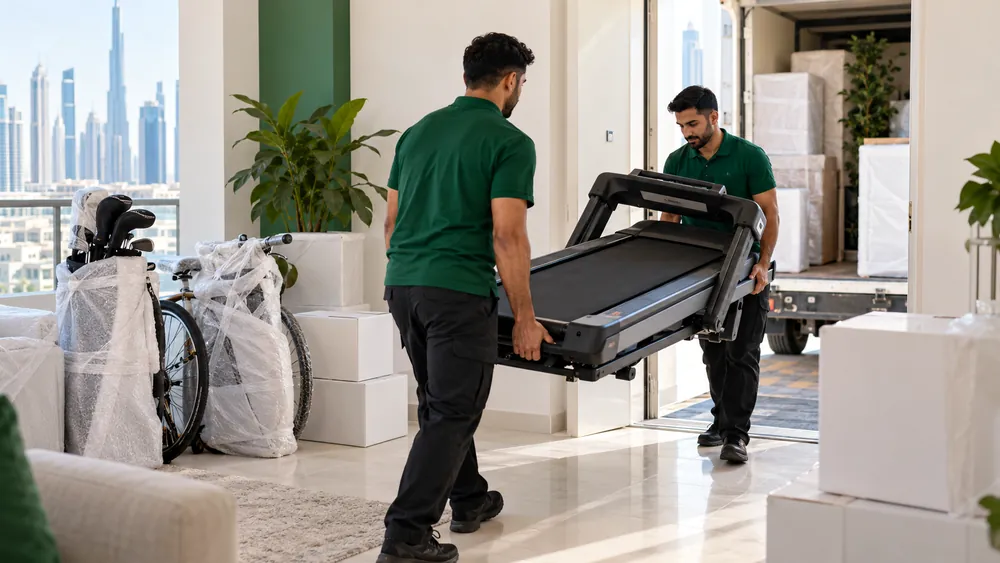 Two movers carrying a treadmill out of an apartment