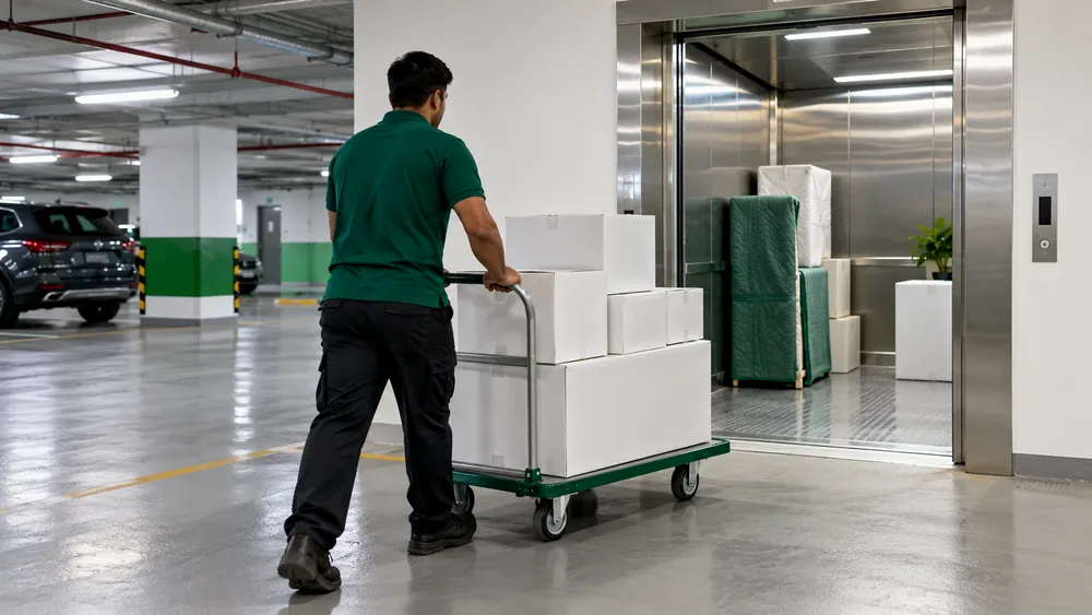 A mover pushing a trolley of boxes through a tower car park to the service lift
