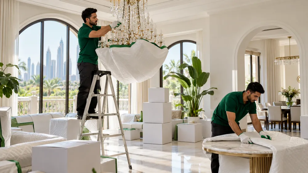 A mover lowering a chandelier into padded wrapping in a family villa