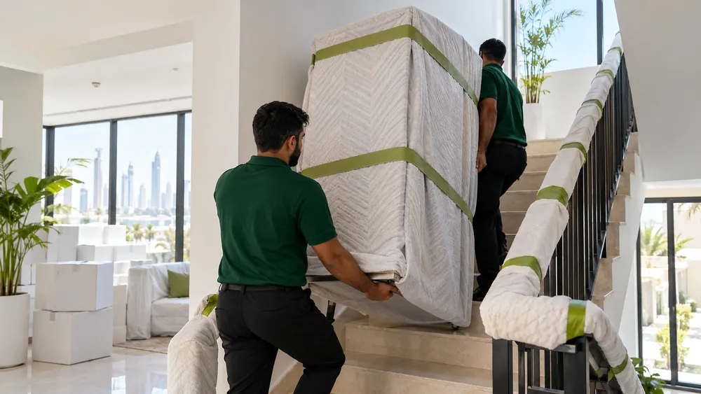 Two movers carrying a wrapped wardrobe up townhouse stairs
