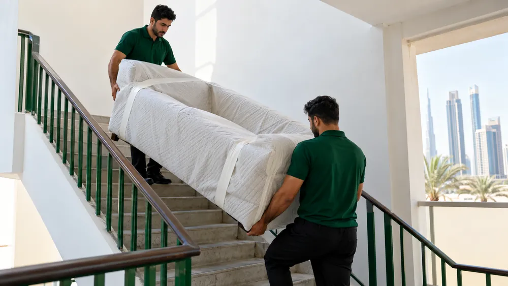 Two movers carrying a sofa down the stairs of a building with no lift