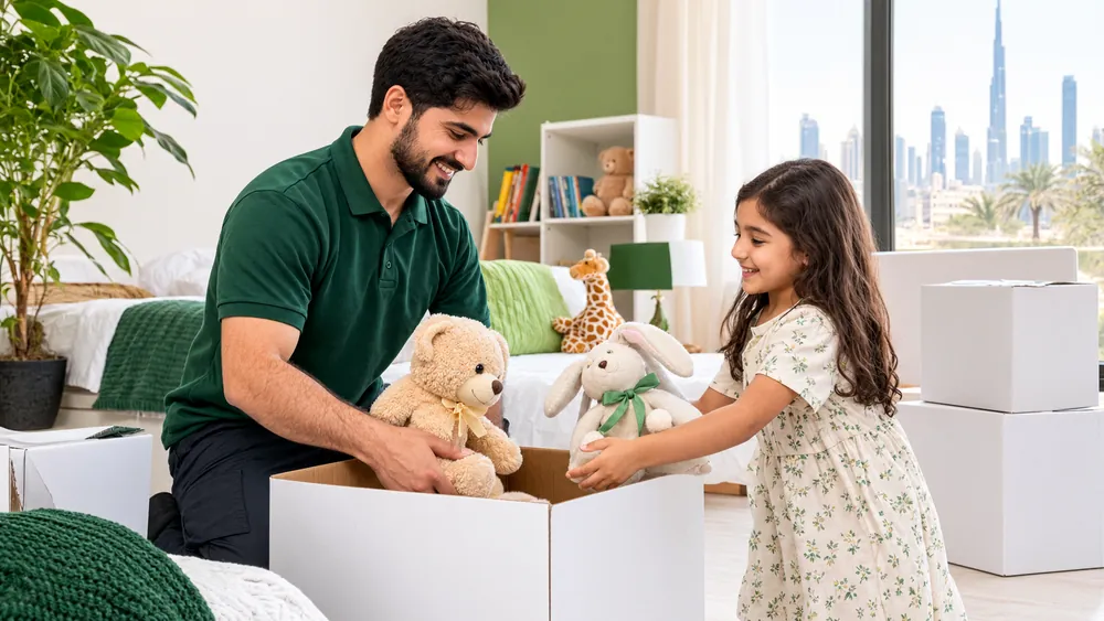 A mover packing toys in a bedroom with a child helping