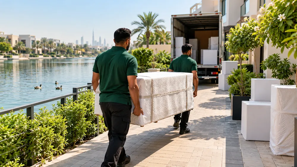 Two movers carrying a wrapped sideboard along a lakeside footpath