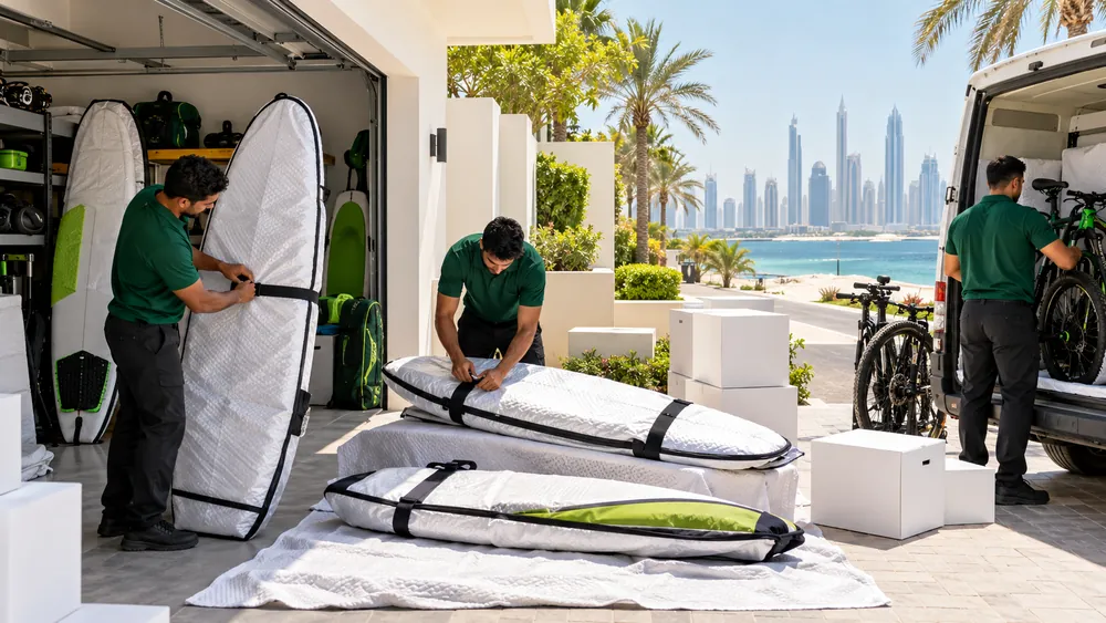 Movers wrapping surfboards and stacking bikes beside a beach villa