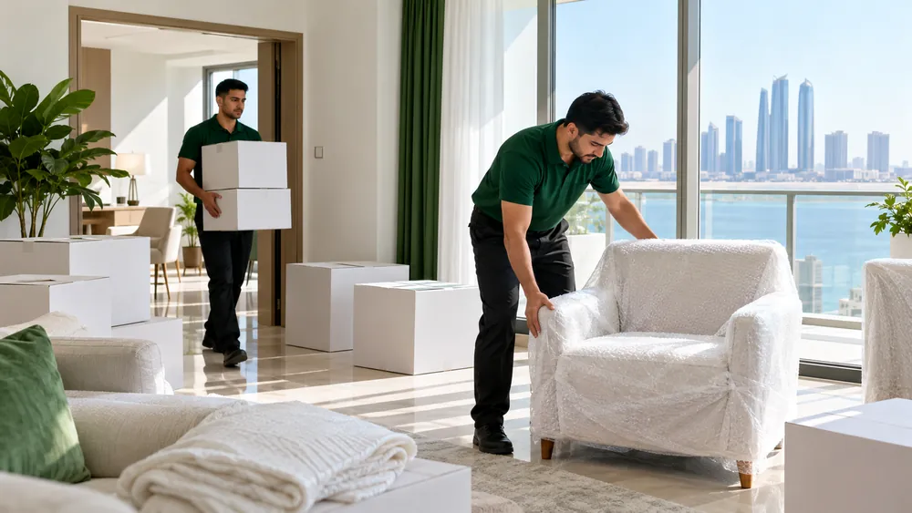 A mover placing a wrapped armchair in a bright Abu Dhabi apartment with a sea view