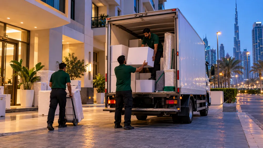 Movers loading a closed truck at first light beside a Dubai apartment building