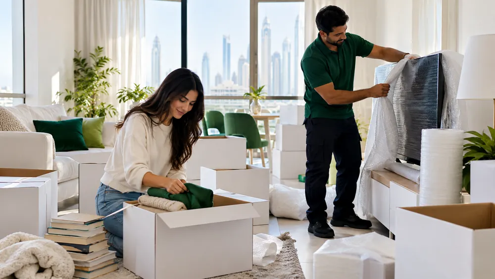 A resident packing a box while a mover in green wraps a television in a padded cover