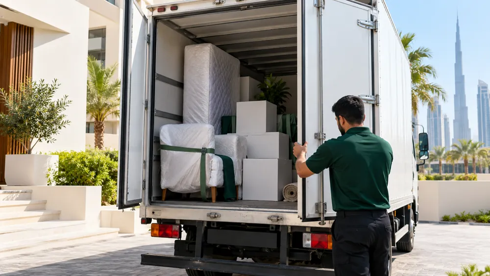 A small enclosed moving truck neatly loaded with wrapped furniture and boxes