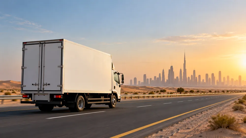 A closed removal truck on a UAE highway in the early morning