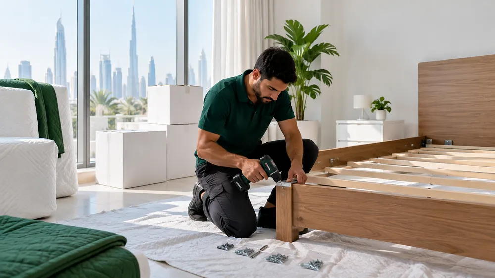 A mover rebuilding a bed frame in a new bedroom