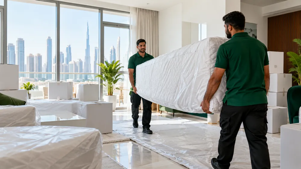 Two movers carrying a covered mattress through a Dubai apartment