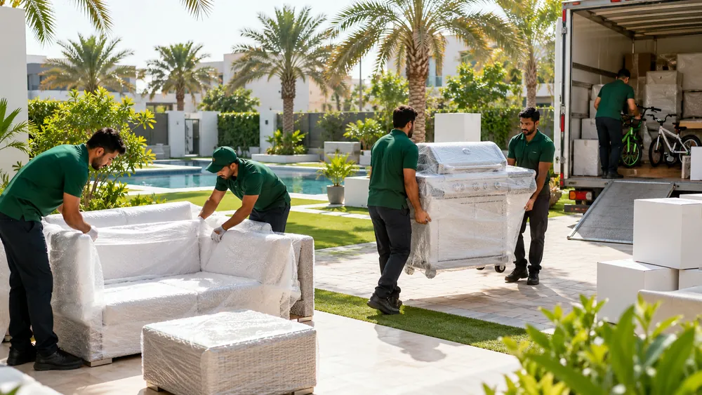 Movers wrapping garden furniture at a Dubai villa