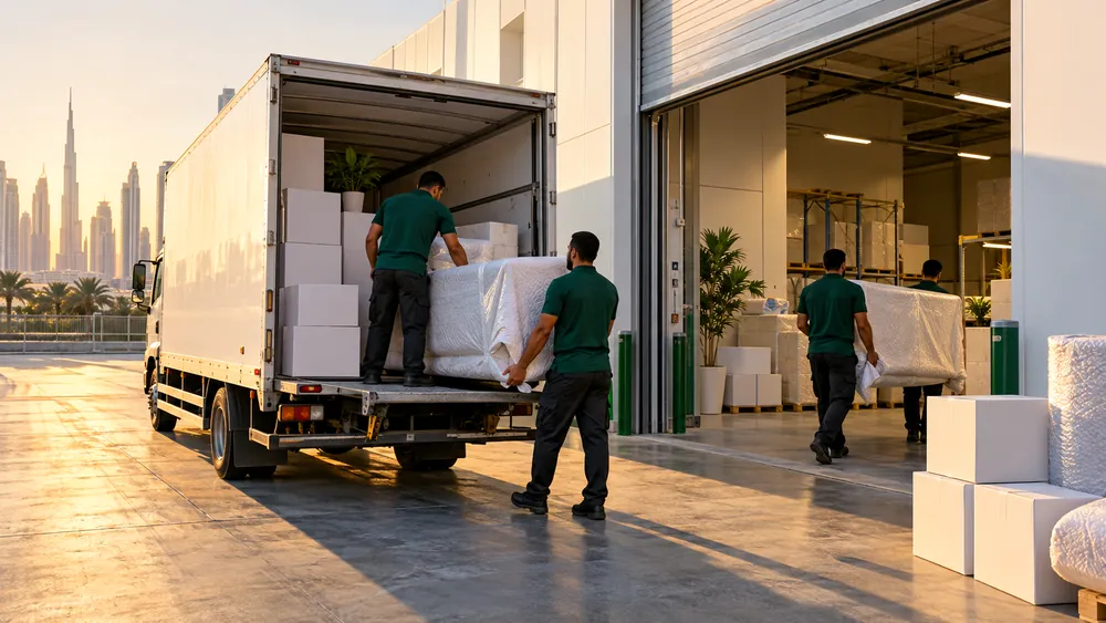 Movers carrying wrapped furniture into a warehouse at the loading bay