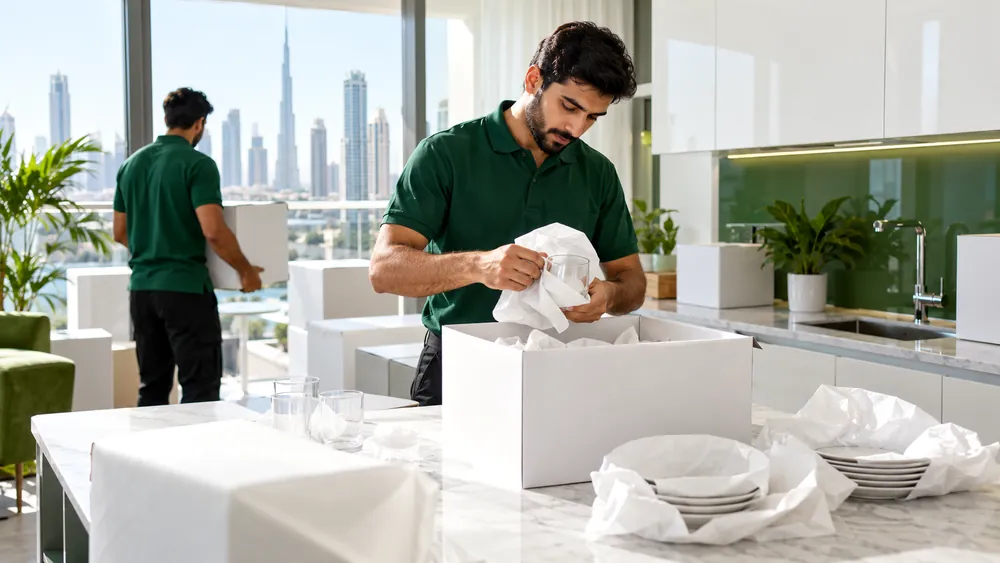 A mover wrapping glasses in packing paper