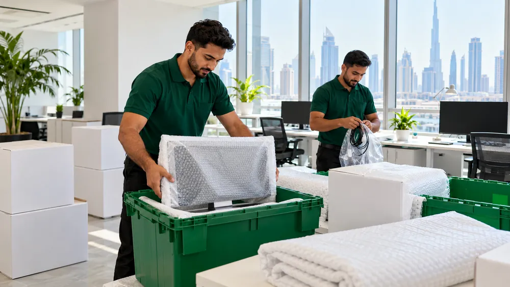 A mover packing a wrapped monitor into a crate in an office