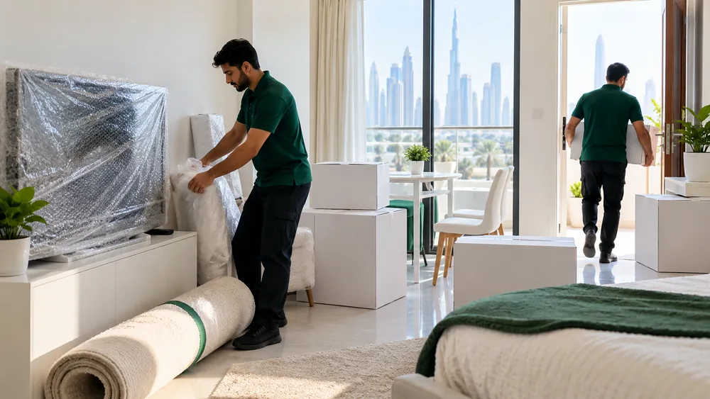 A mover carrying a box out of a small studio apartment