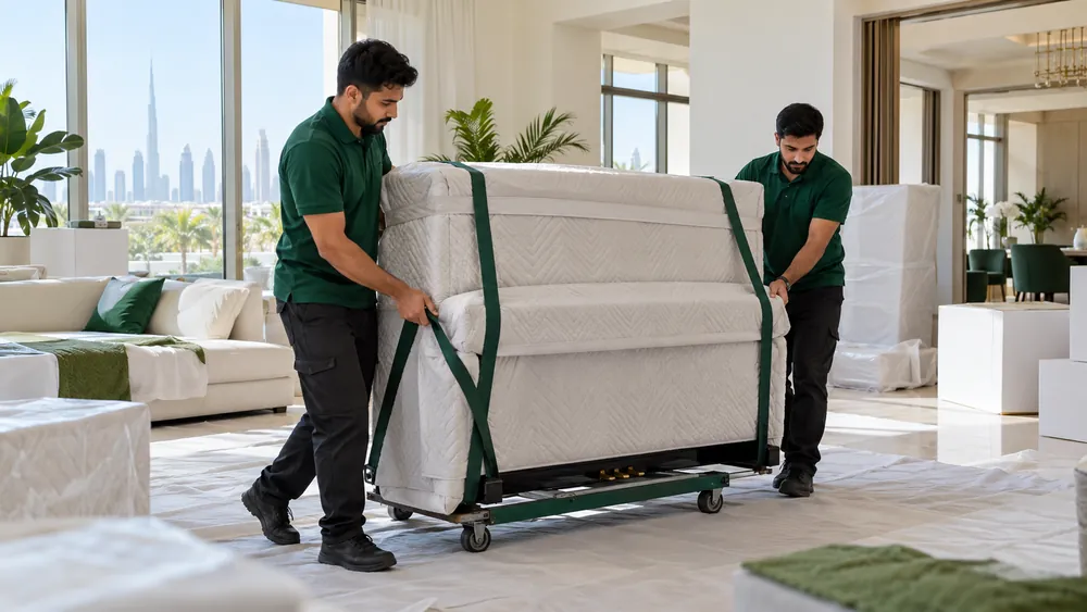 An upright piano in moving blankets, strapped to a padded dolly and steered through a villa hallway by two movers