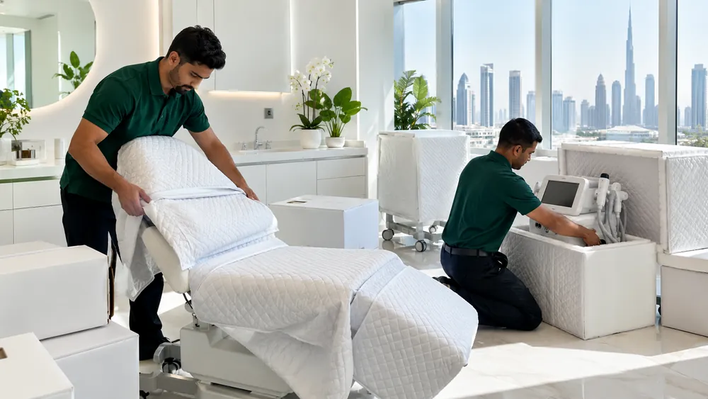 A treatment chair wrapped in padded covers with clinic equipment packed in crates