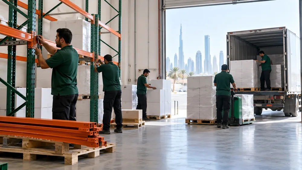 Movers dismantling pallet racking with a truck waiting at the roller door