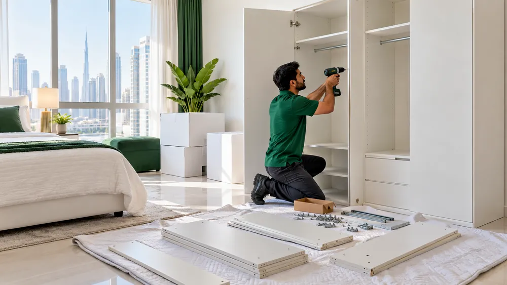 A mover assembling a new wardrobe with a cordless drill in a bedroom