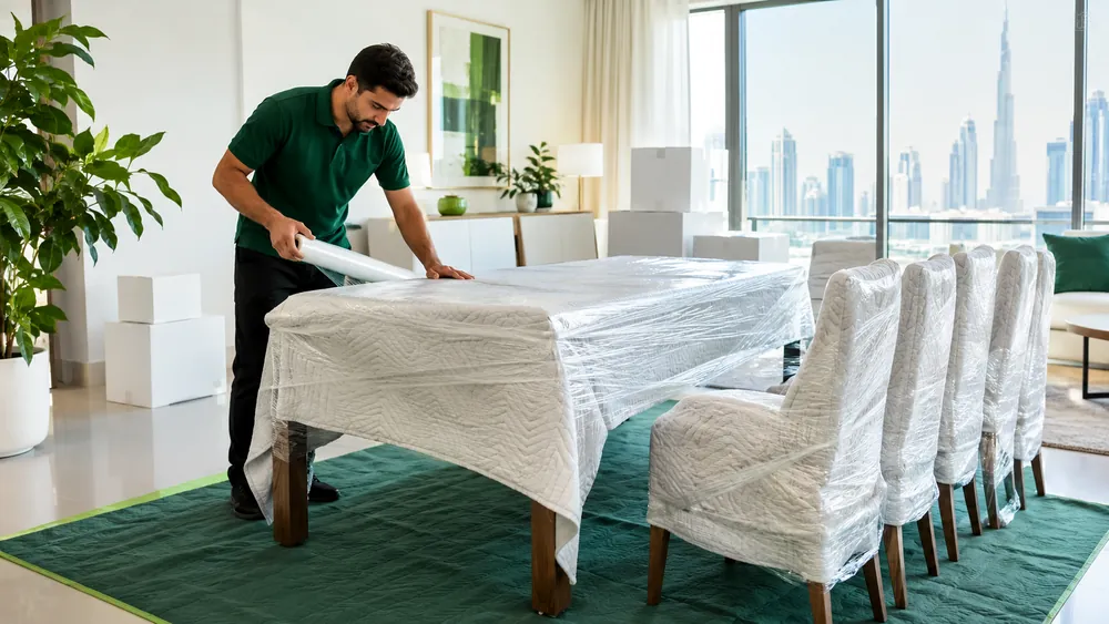 Movers wrapping a dining table in padded blankets and stretch film