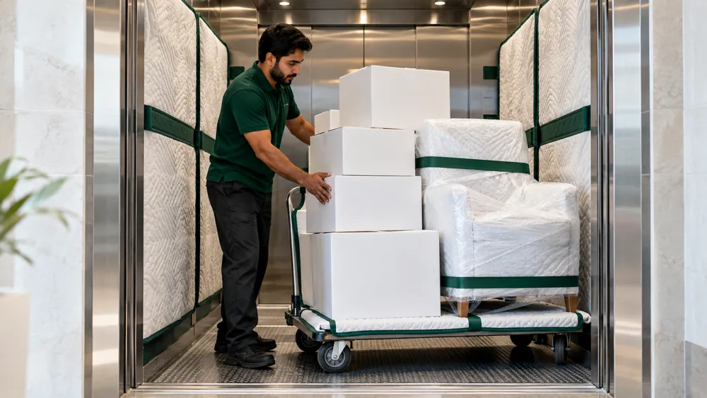 A mover in a green polo steadying a trolley of white boxes inside a padded service lift