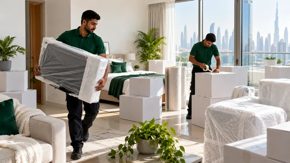 A studio flat almost packed, with a mover carrying out a wrapped television