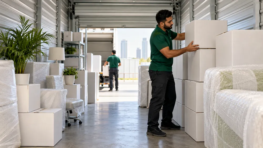 A self storage unit stacked with boxes and wrapped furniture around a clear walkway
