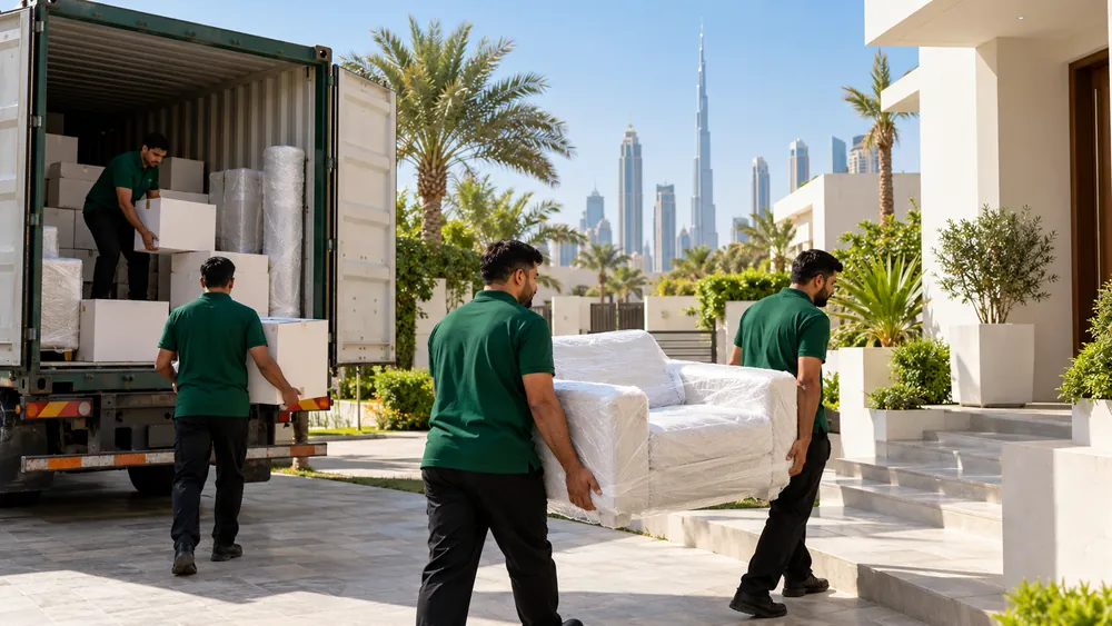 Movers unloading wrapped furniture from a shipping container outside a Dubai villa