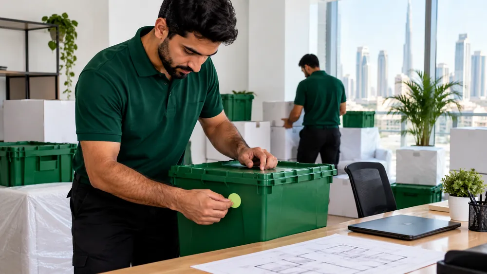 A coloured dot label with a desk number on a moving crate beside a printed floor plan