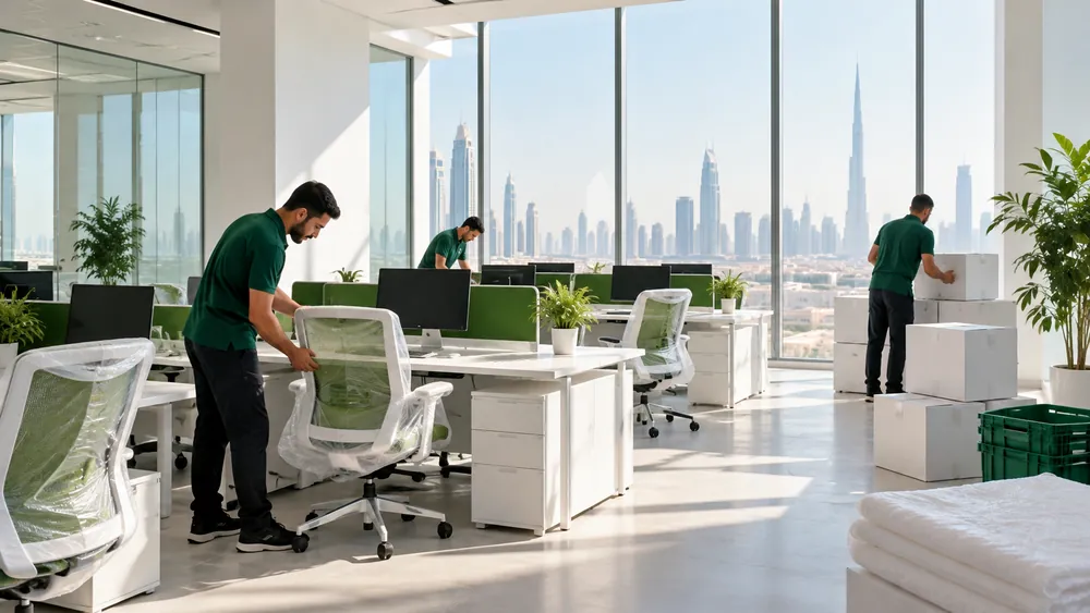 A newly set up Dubai office in the morning, desks in rows with screens and chairs in place