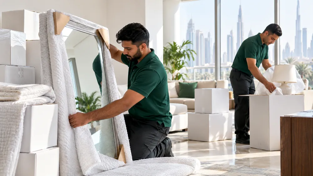 A packer fitting corner protectors to a large mirror beside a lamp that is already boxed