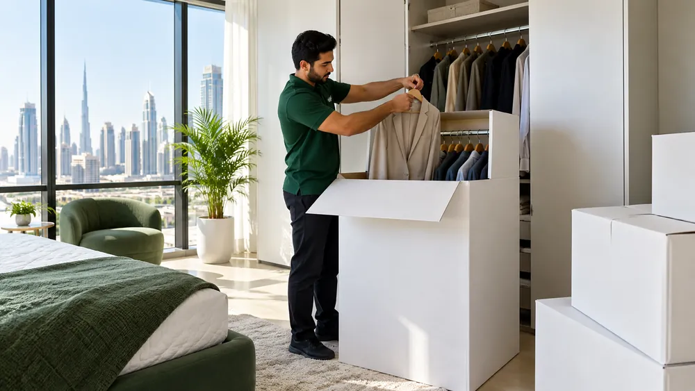 A mover hanging clothes on the rail inside a tall wardrobe carton