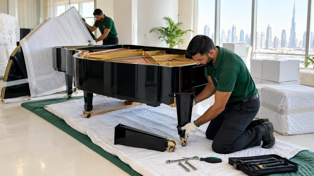 A mover removing a leg from a grand piano while the body is supported