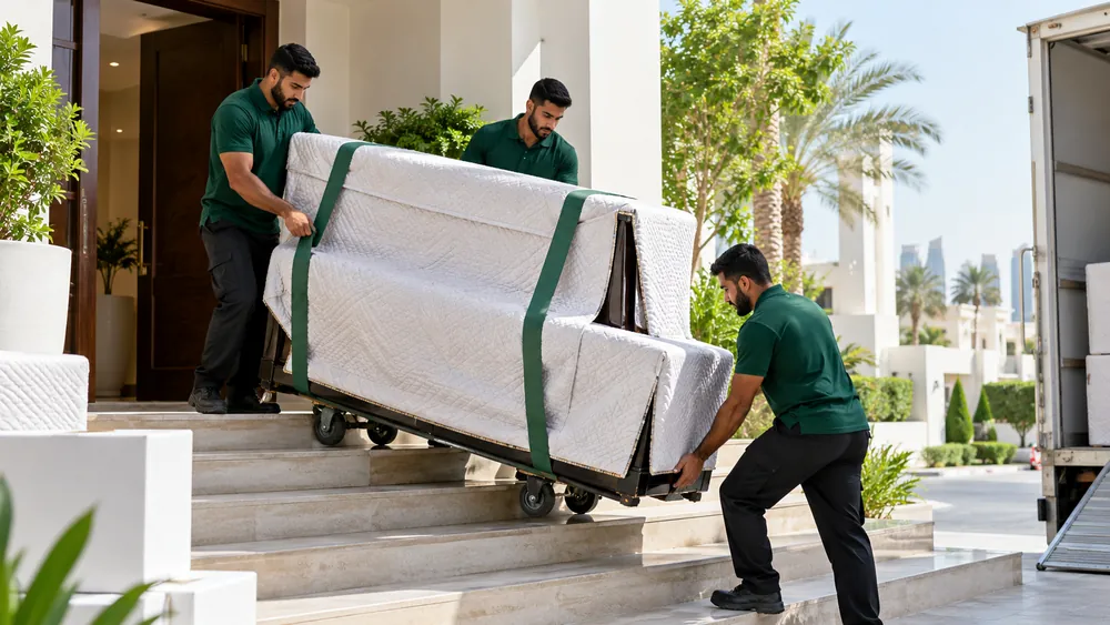 Movers in green guiding a strapped upright piano down the front steps of a Dubai villa
