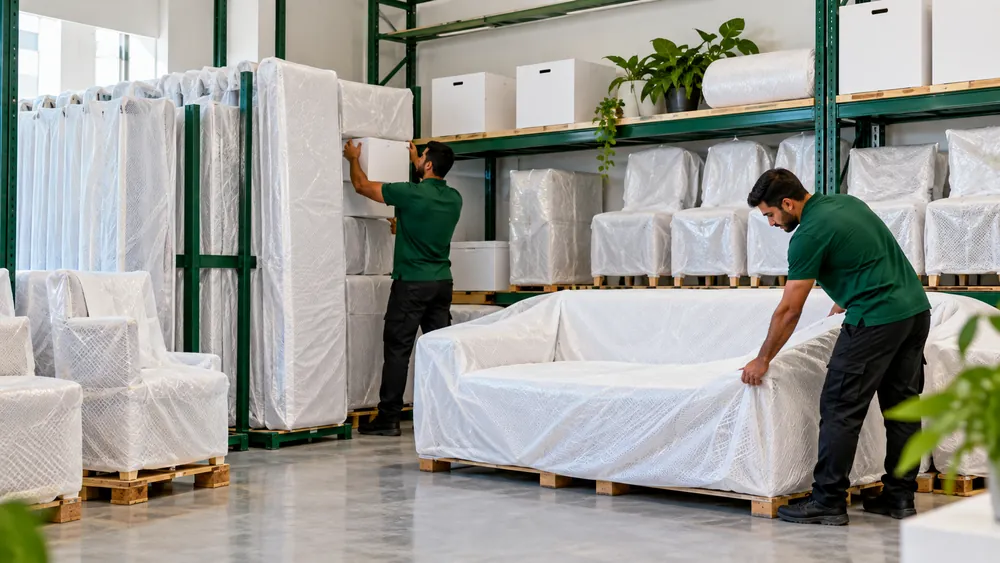Furniture in breathable covers on pallets in storage