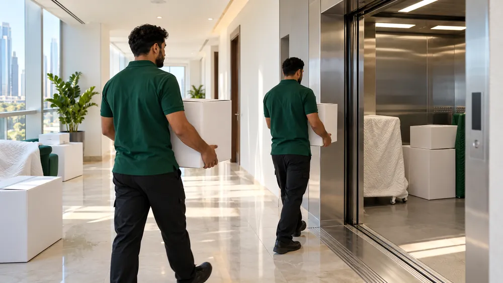 Movers carrying boxes to a service lift