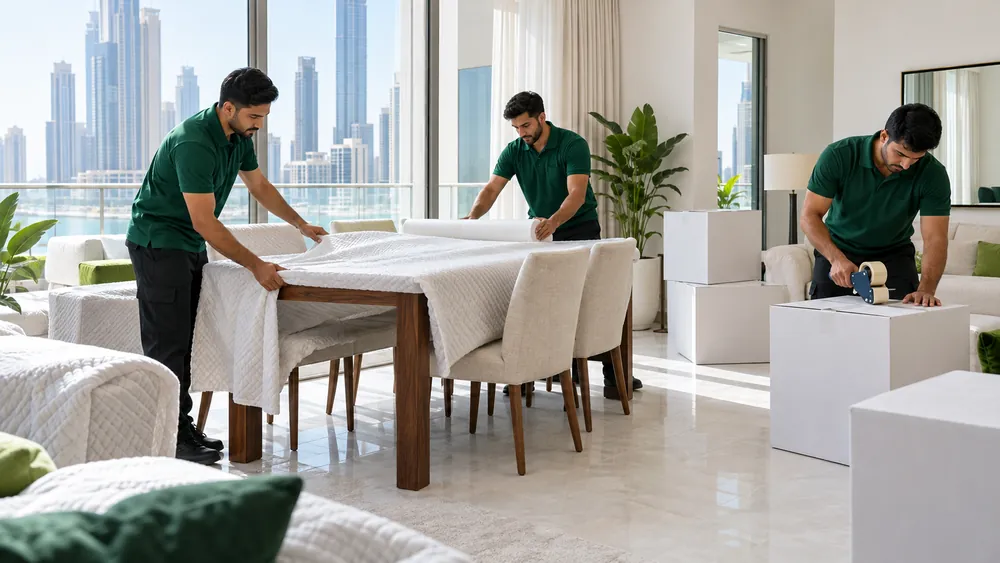 Movers in green wrapping a dining table in a padded blanket in a Dubai apartment