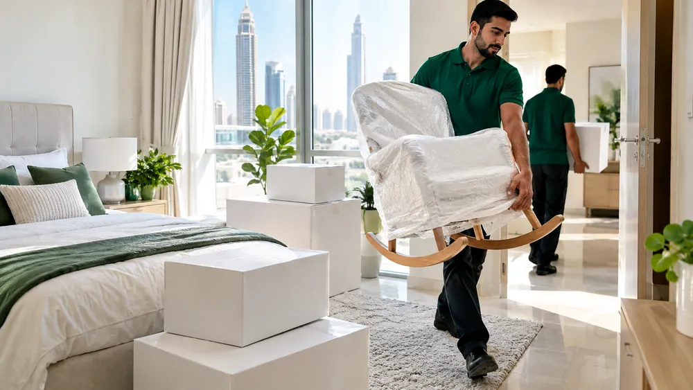 A mover carrying a wrapped chair out of a spare room