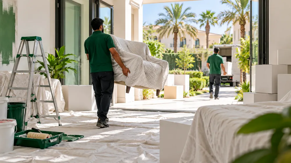 A mover carrying a wrapped armchair out of a villa being renovated